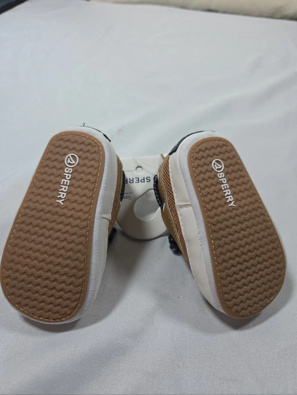 NWT SPERRY Top Sider Infant Size 3 Boat Shoe Lace-Up Tan W/Navy Laces